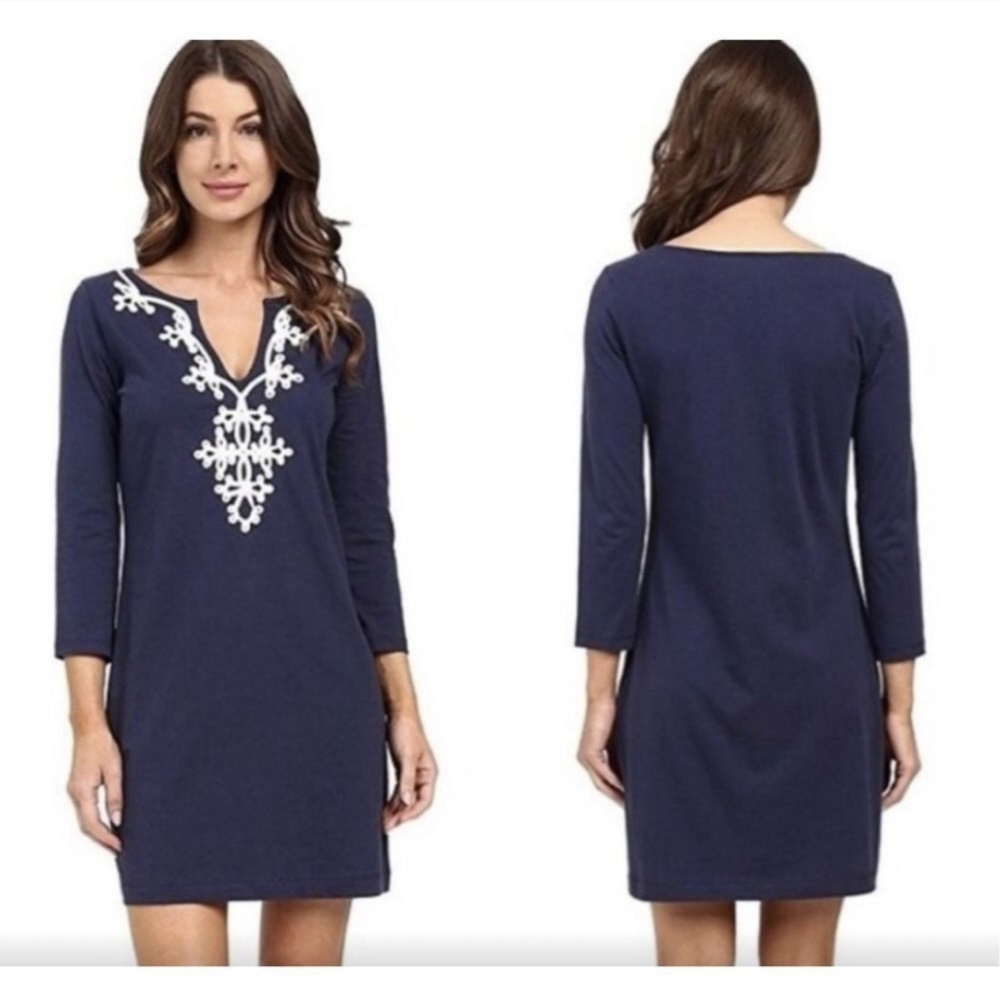LILLY PULITZER Marina True Navy Blue Embroidered Pima Cotton Shift Dress XXSmall